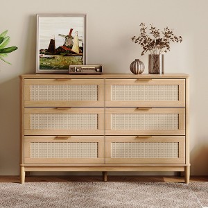 Modern Large Rattan Dresser with Deep Storage Drawers and Metal Pulls for Bedroom or Entryway - 1 of 4