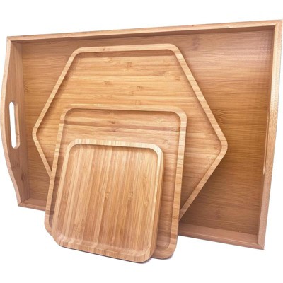 Attop Bamboo Serving Tray Set 16.5"x11.8" with Handles Hexagon & Square Small Plates for Family Dinner Natural
