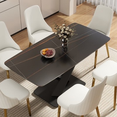 Modern Artificial Dining Table for 6, Sintered Stone Top Kitchen Table, Curved Edge Table with Black X-shaped Metal Legs-The Pop Home