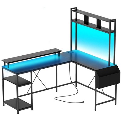 L Shaped Computer Gaming Desk with LED Lights & Power Outlets