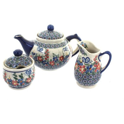 Blue Rose Polish Pottery Garden Butterfly 3 Piece Tea Set