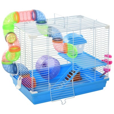 PawHut 2-Level Hamster Cage Rodent Gerbil House Mouse Mice Rat Habitat Metal Wire with Exercise Wheel, Play Tubes, Water Bottle, Food Dishes & Ladder