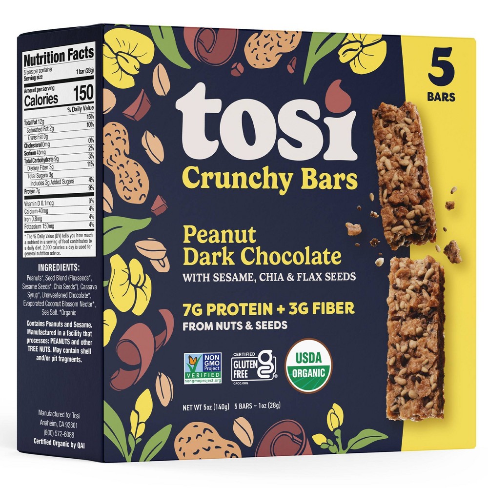 Tosi Snacks Peanut Dark Chocolate Organic Bars - 7g Protein - 5oz/5pk