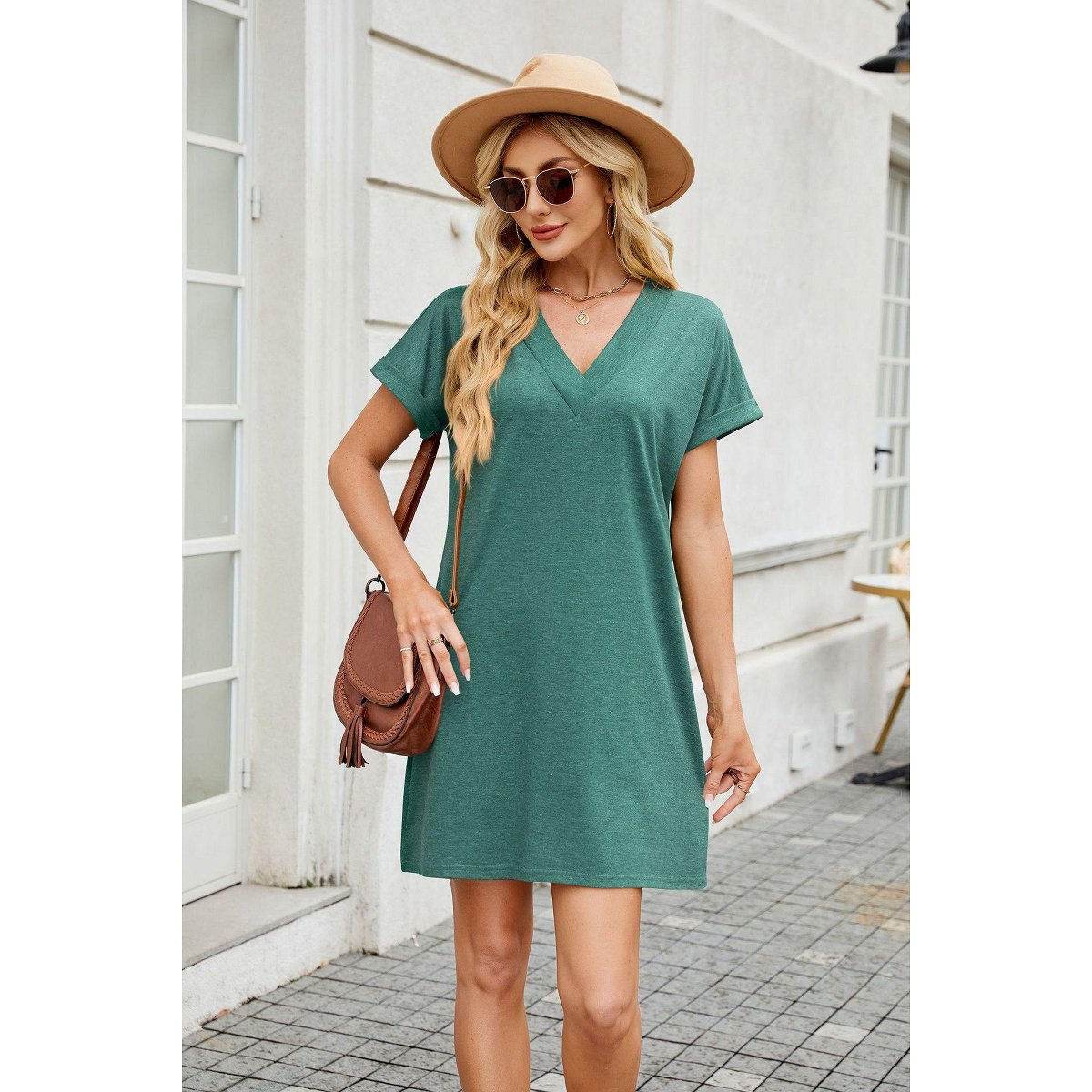 Женские платья EadianDree Women's Summer Dresses V Neck Short Sleeve Casual Swing Mini Dress Vacation Outfits,Dark green,Small — фото 5