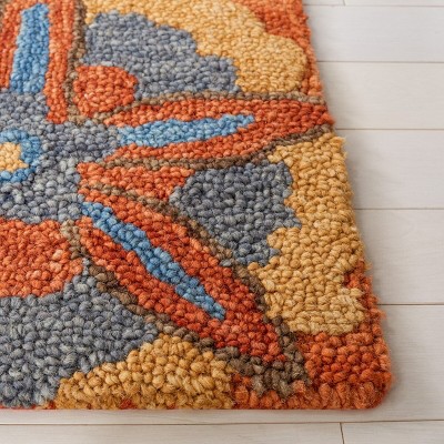 Rust and Blue Floral Wool Handmade Area Rug