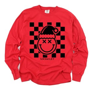 S.W.Smiley Checkered Christmas Wink - Women's Garment Dyed Long Sleeve Graphic T-Shirt - 1 of 4