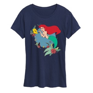Women's - Disney Princess - Ariel And Flounder With Flowers Short Sleeve Graphic T-Shirt - 1 of 4