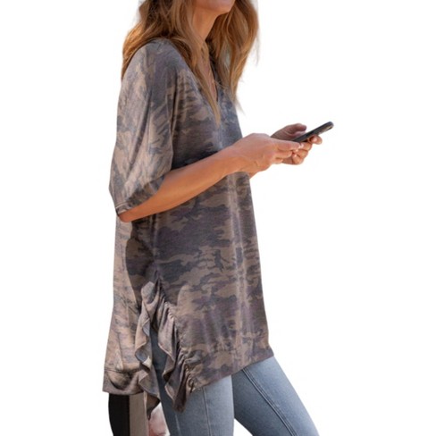 Amaryllis Women s Camo Print V neck Short Sleeve Top Side Ruffle Detail Relaxed Fit Casual And Stylish Everyday Essential Small gray Target