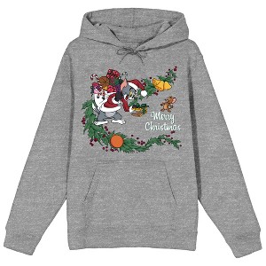 Tom & Jerry Christmas Goodie Bag Long Sleeve Gray Heather Adult Hooded Sweatshirt - 1 of 3