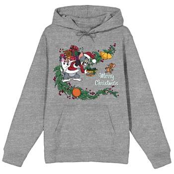 Tom & Jerry Christmas Goodie Bag Long Sleeve Gray Heather Adult Hooded Sweatshirt