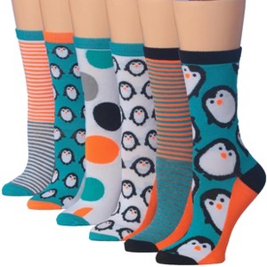 Women's 6 Pairs Lightweight Colorful Teal Penguin Pop Patterned Crew Socks - 1 of 1
