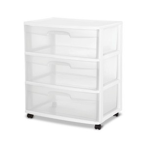 Sterilite Wide 3 Drawer Storage Cart, Plastic Rolling Cart with Wheels to Organize Clothes in Bedroom, Closet, White with Clear Drawers, 2-Pack - 1 of 4