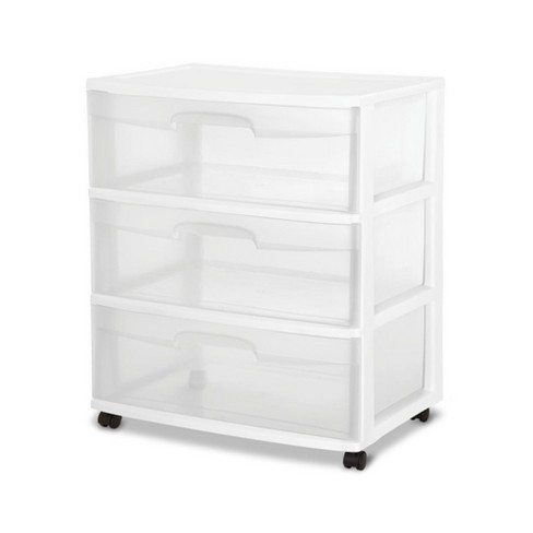 Sterilite Wide 3 Drawer Storage Cart, Plastic Rolling Cart with Wheels to Organize Clothes in Bedroom, Closet, White with Clear Drawers, 2-Pack - image 1 of 4