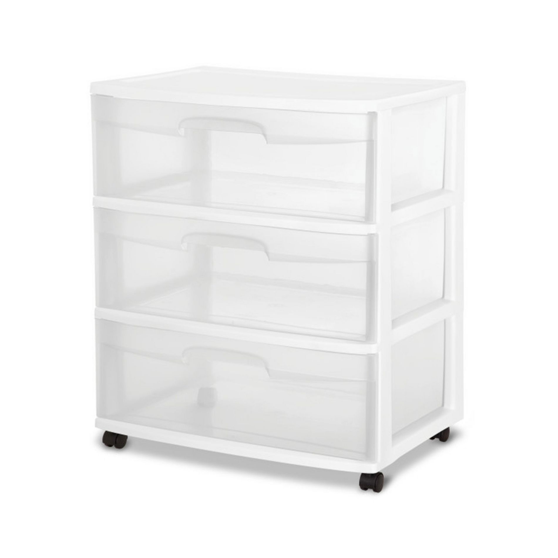 Sterilite Wide 3 Drawer Storage with Wheels, Plastic Rolling Organization Cart for Bedroom, Closet, White with Clear Drawers