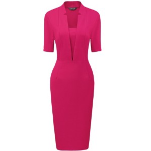 Allegra K Women's V Neck Short Sleeve Work Office Bodycon Midi Sheath Dress - 1 of 4