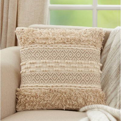 Natural Cotton Moroccan Design Square Throw Pillow with Fringe