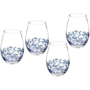 Spode Blue Italian Stemless Wine Glasses, Set of 4 - 19oz Artistic Tumbler-Style Goblets with Scenic Border & Scroll Accent - 1 of 3