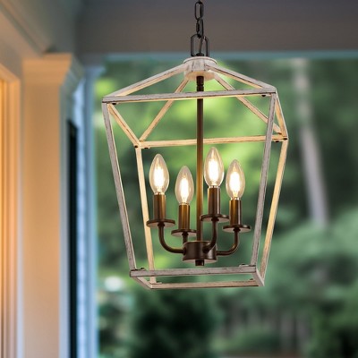 YANSUN 4-Light Farmhouse Birdcage Light Wood Gray Chandelier E12 Ventage Iron Frame Latern Pendant Light for Dining Room