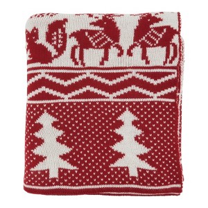50"x60" Reindeer & Christmas Tree Knit Throw Blanket Red - Saro Lifestyle: Cozy Holiday Decor, Festive Warmth - 1 of 4