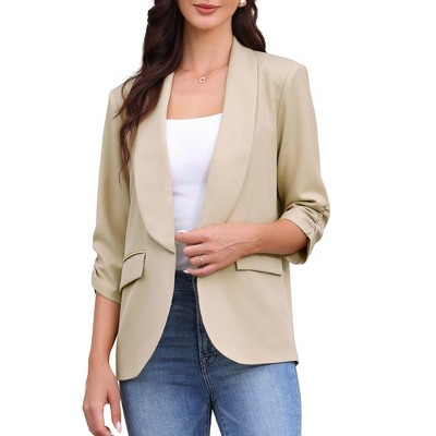 INSPIRE CHIC Women's Work Shawl Collar Ruched 3/4 Sleeves Open Front with Pockets Blazer