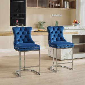 26" Counter Height Bar Stools Set of 2, Modern Velvet Barstools Upholstered Kitchen Island Chairs with Sturdy Chromed Metal Base Legs - 1 of 4