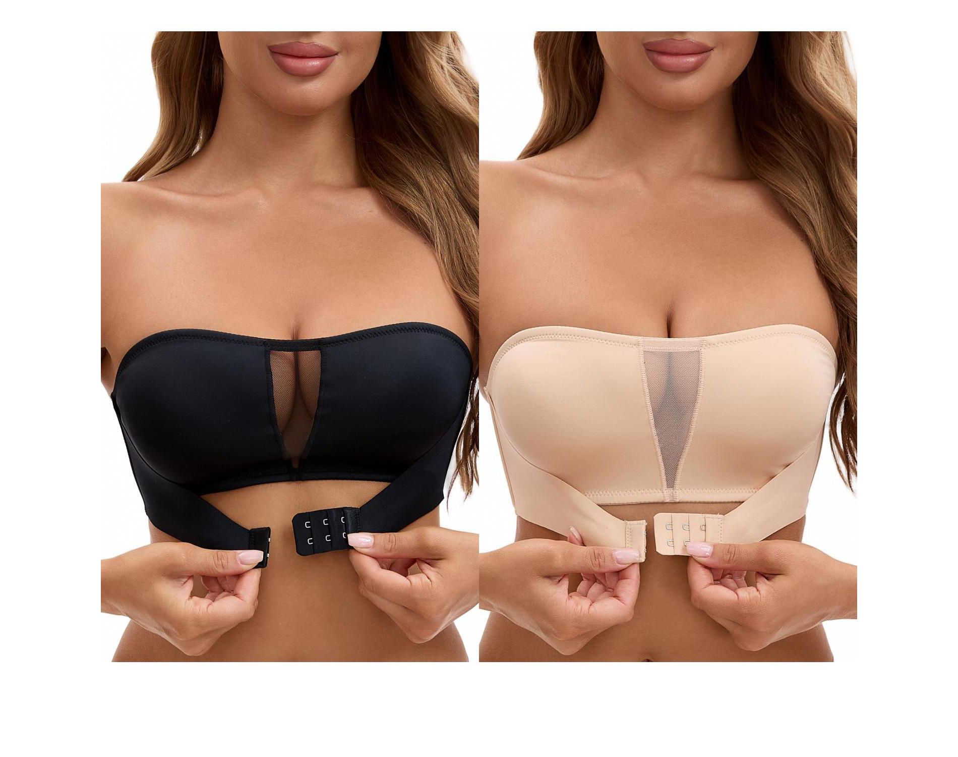 INSPIRE CHIC Women's Mesh Front Closure Push Up Wirefree Bandeau Strapless Breathable Tube Bras 2 Packs 1 Black+1 Beige Medium
