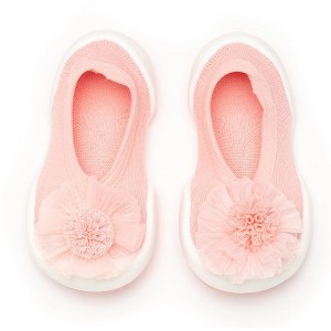Komuello Toddler Girl First Walk Sock Shoes Flat Style - Pompom Flower Pink - 1 of 4