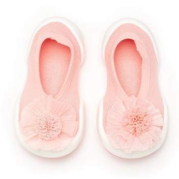 Komuello Toddler Girl First Walk Sock Shoes Flat Style - Pompom Flower Pink