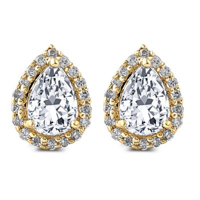 Pompeii3 1/2Ct Pear Shape Halo Screw Back Diamond Studs White or Yellow Gold Earrings