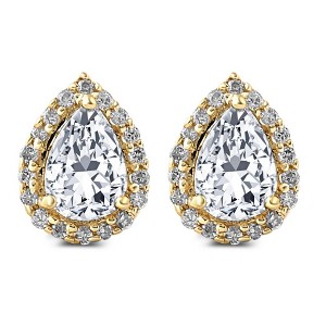 Pompeii3 1/2Ct Pear Shape Halo Screw Back Diamond Studs White or Yellow Gold Earrings - 1 of 3