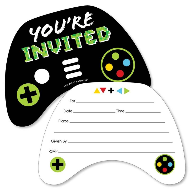 Big Dot of Happiness Game Zone - Shaped Fill-in Invitations - Pixel Video Game Party or Birthday Party Invitation Cards with Envelopes - Set of 12, 1 of 7