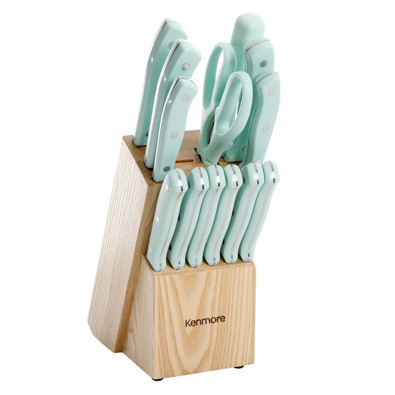 Kenmore Kane 14 Piece Stainless Steel Cutlery Set in Glacier Blue with Rubber Wood Block, 1 of 17