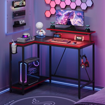 Pinmoco 42" Reversible L-Shaped Gaming Desk, LED Carbon Fiber Desk with Monitor Stand & Headset Hooks