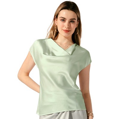 Allegra K Women's Cowl Neck Short Sleeve Dressy Casual Satin Top