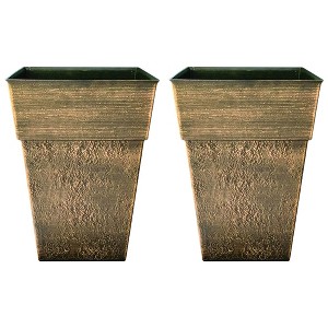 The HC Companies Avino 16 Inch Square Plastic Accent Outdoor Flower Planter Pot for Garden, Patio, Porch, Deck, or Balcony, Celtic Bronze (2 Pack) - 1 of 4