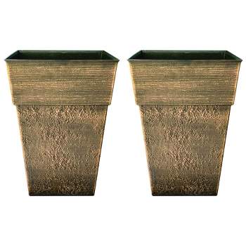 The HC Companies Avino 16 Inch Square Plastic Accent Outdoor Flower Planter Pot for Garden, Patio, Porch, Deck, or Balcony, Celtic Bronze (2 Pack)