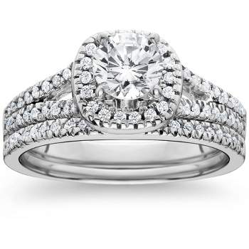 Pompeii3 1ct Halo Diamond Engagement Ring Set Split Shank Bridal Wedding 14K White Gold