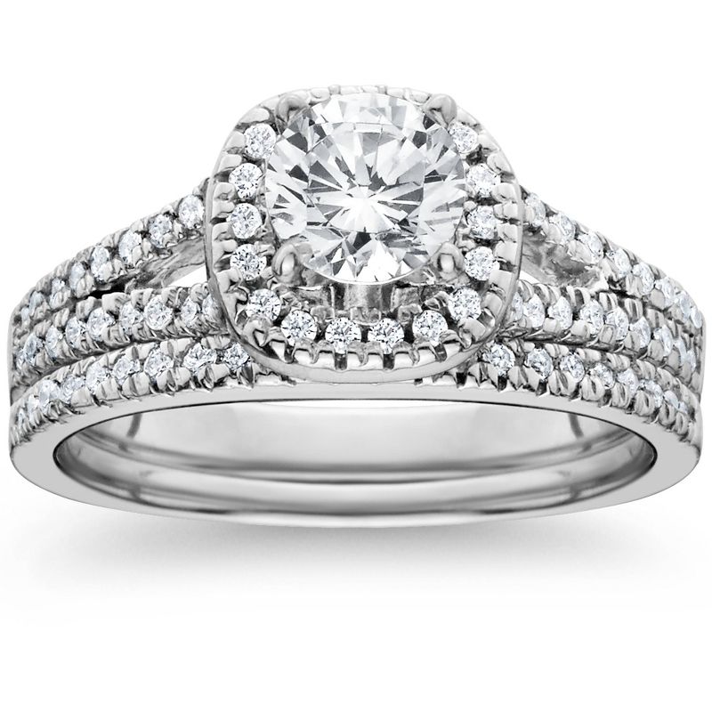 Pompeii3 1ct Halo Diamond Engagement Ring Set Split Shank Bridal Wedding 14K White Gold, 1 of 6
