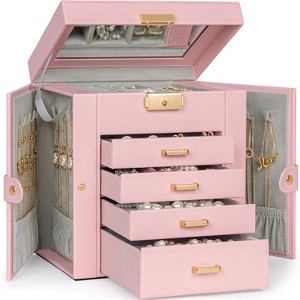 Leather Jewelry Box with Mirror & Lock, 3-Tier Organizer with 2 Drawers for Necklaces & Bracelets - 1 of 4