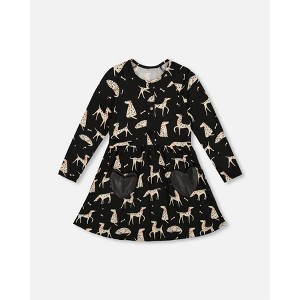 Deux par Deux Girl Half Button Jersey Dress Black Dalmatian Print - 1 of 4