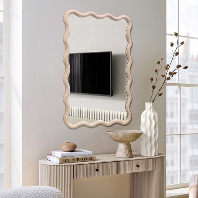 39.25-Inch Tall Rectangular Natural Pine Wood Wavy Frame Wall Mirror