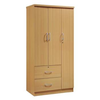 Hodedah Import Contemporary 3 Door Armoire w/ Metal Clothing Rod, 3 Shelves, 1 Standard Drawer, & 1 Locking Drawer for Bedrooms & Rented Rooms, Beech