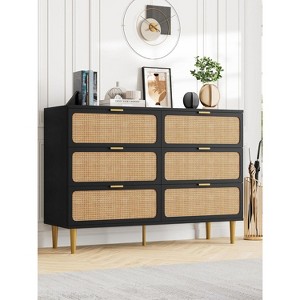 Large 6 Drawer Rattan Dresser – Handwoven Boho Style, Deep Wood Storage, Wide Top for Bedroom, Hallway, Living Room - 1 of 4