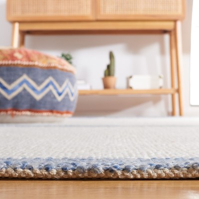 Ivory and Blue Striped Square Wool Area Rug, 6' x 6'