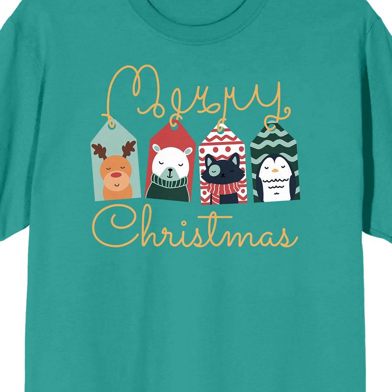 Christmas Critters Cartoon Animal Gift Tags Crew Neck Short Sleeve Bright Aqua Unisex Adult T-shirt, 2 of 3