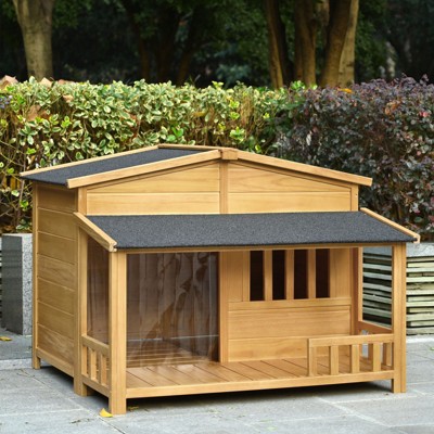 FURNIinspire Wooden Dog House, Outdoor & Indoor Dog Crate, Pet Kennel With Porch, Solid Wood, Weatherproof, Medium, Nature, 43.3"*37.4"*32"