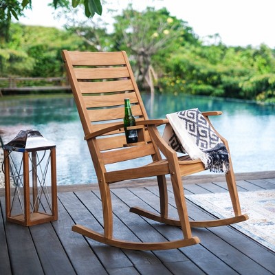 Logan Teak Patio Rocking Chair With Bottle Holder Light Brown