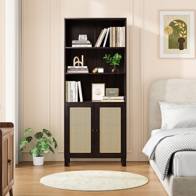 FURNIinspire Decorative Bookshelf 5 Shelf Bookcase With Rattan Doors, Standing Storage Cabinet, Storage Shelves, Dark Walnut, 14.6"*29.9"*70.9"