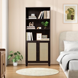FURNIinspire Decorative Bookshelf 5 Shelf Bookcase With Rattan Doors, Standing Storage Cabinet, Storage Shelves, Dark Walnut, 14.6"*29.9"*70.9" - 1 of 4