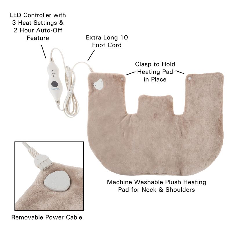 Electric Neck/Shoulder Warmer-Heating Pad with 3 Settings, Auto Shut Off, Front Clasp and Long Detachable Cord by Fleming Supply (Tan), 3 of 8